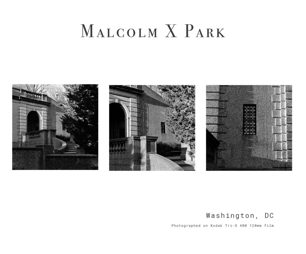 Three square images of Malcolm X Park in Washington, DC. There is a stone walkway, with an arched doorway, and foliage in the background. The second image is zoomed in closer on the staircase, arched doorway, and window. The third image is of the stone wall and window, with a harsh shadow casted from the architecture's protruding stone pattern. 