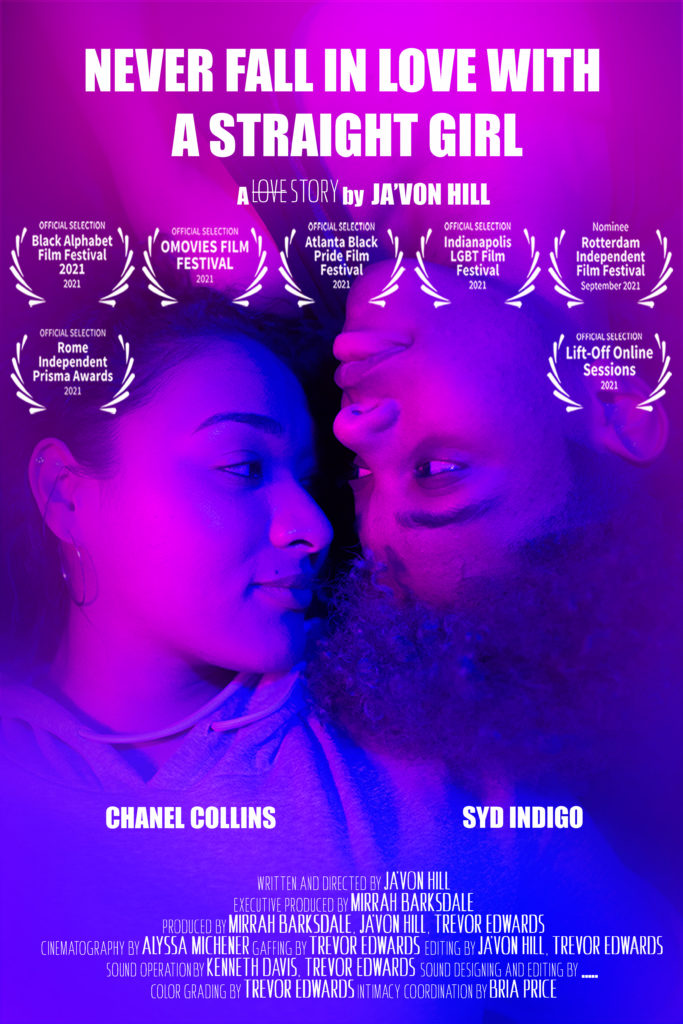 A movie poster of two Black women who are facing each other, on opposite ends of the frame, with pink, purple, and blue lighting on their faces.